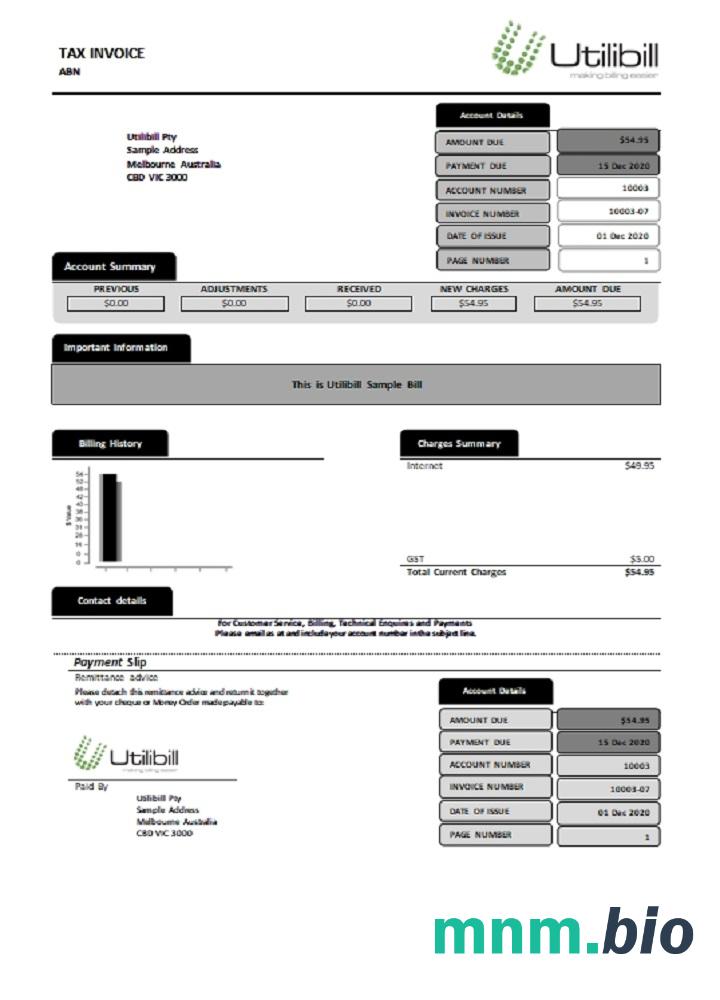 Australia Utilibill łatwy do wypełnienia szablon w formacie Word i PDF